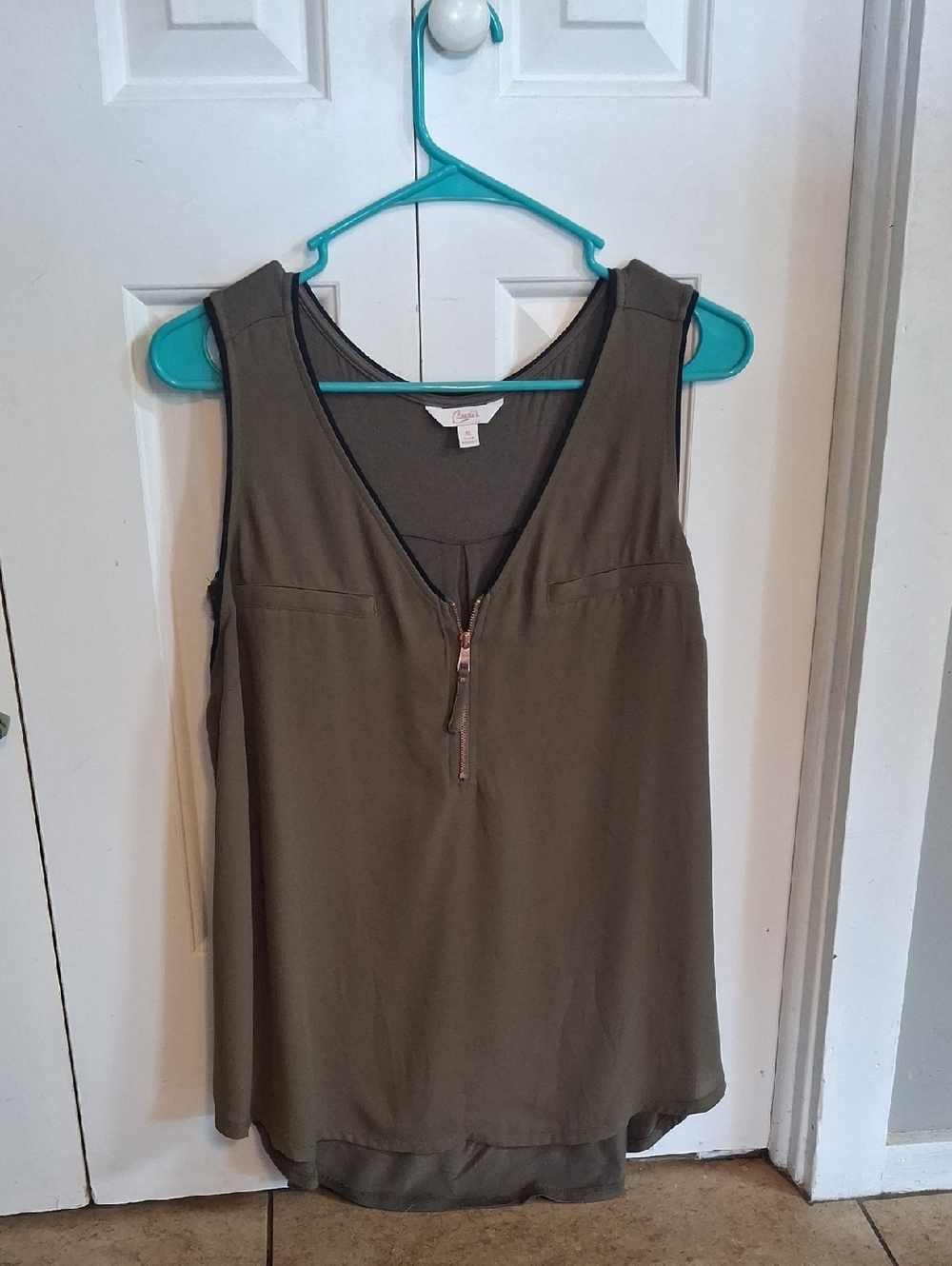 Candie's Olive Green Sleeveless V-Neck Zip Tank